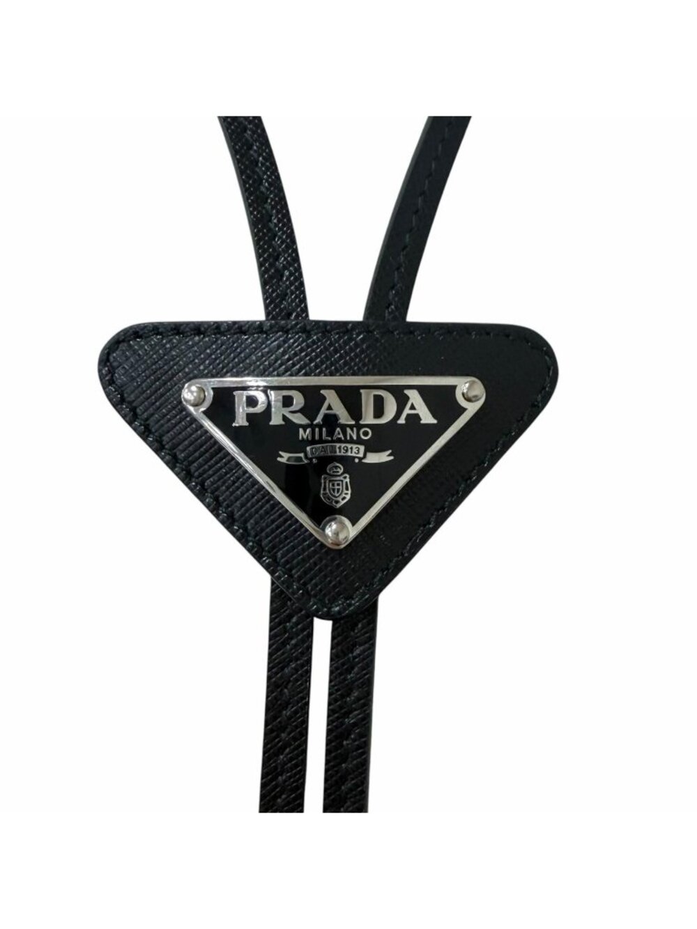 Prada Saffiano Leather Triangle Logo Plate Multik Loop Tie Bolo Tie Black